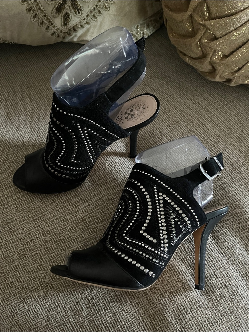 Vince Camuto Black Leather Studded Stiletto Peep Toe Booties